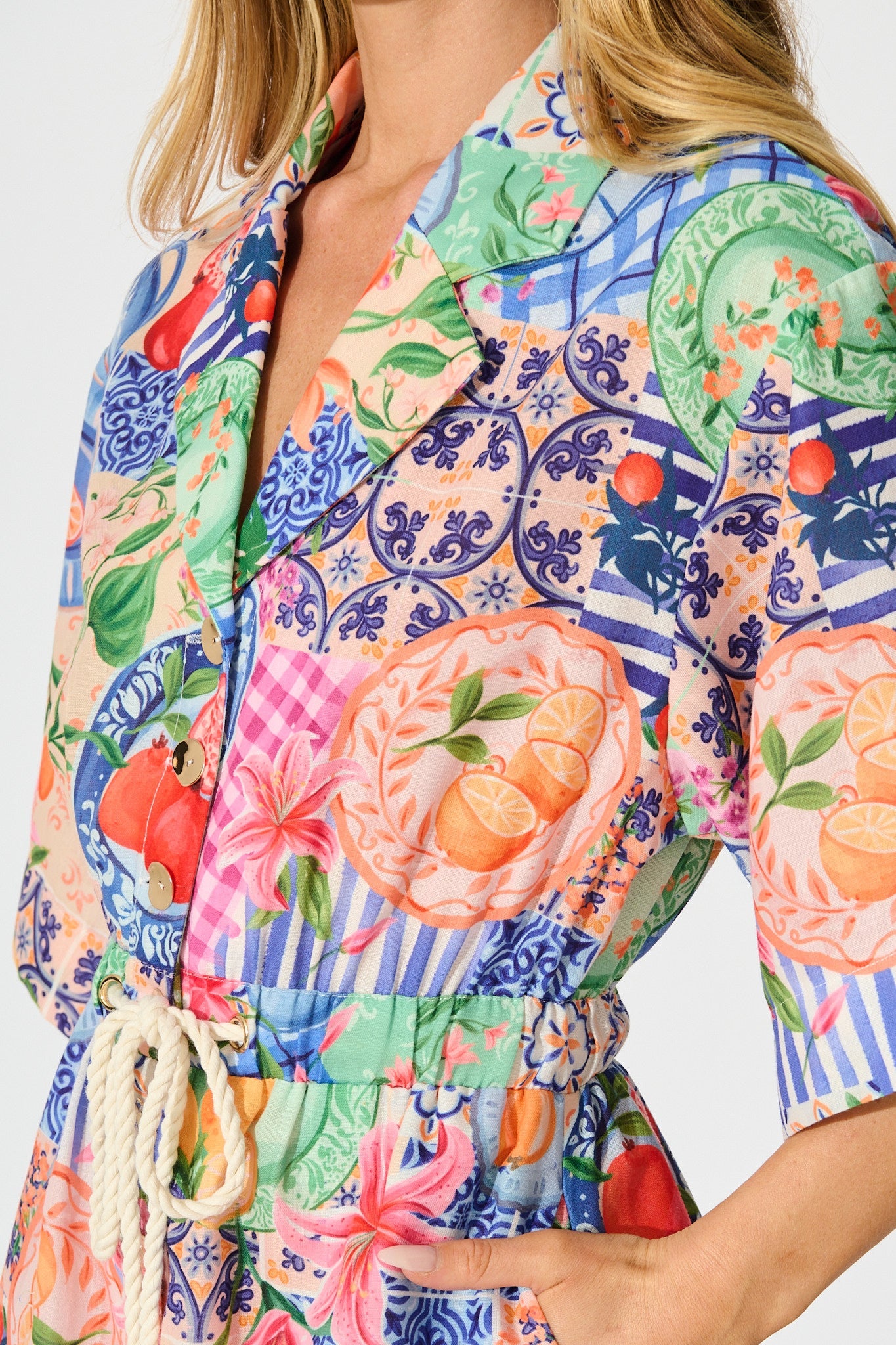 Fruit Crush Playsuit in Multi Fruit Patchwork Linen Blend