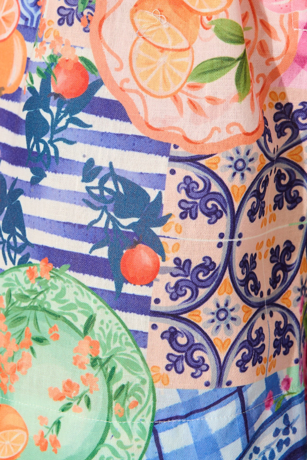 Fruit Crush Playsuit in Multi Fruit Patchwork Linen Blend