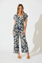 Gracella Jumpsuit in Navy and Cream Linen Blend