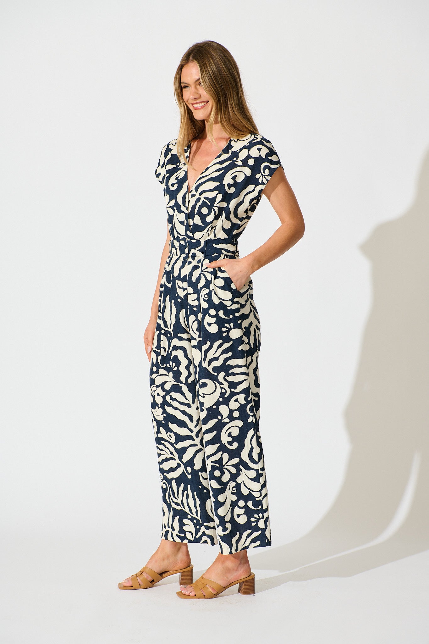 Gracella Jumpsuit in Navy and Cream Linen Blend