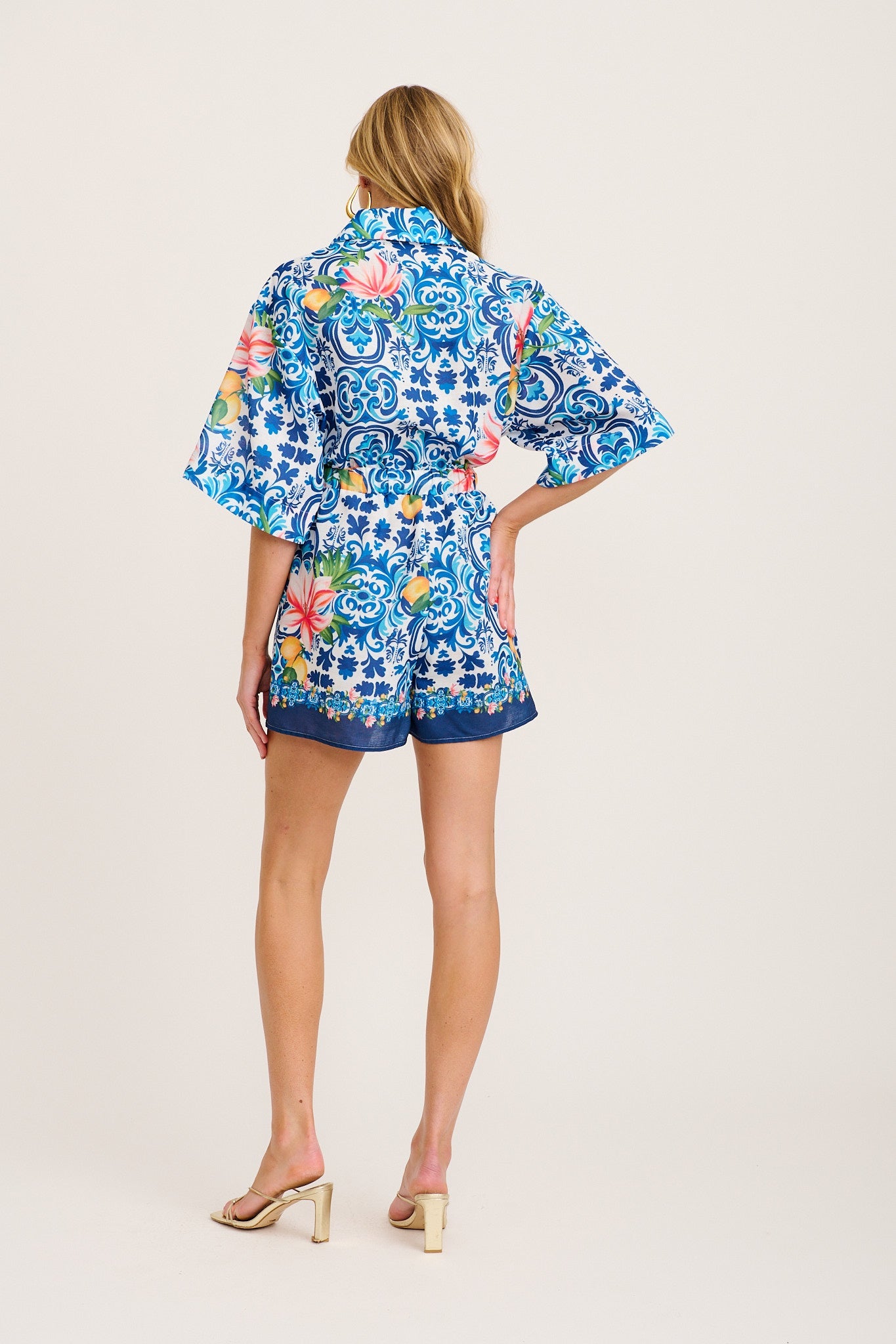 Maui Playsuit in Blue Multi Tiles Print Linen Blend