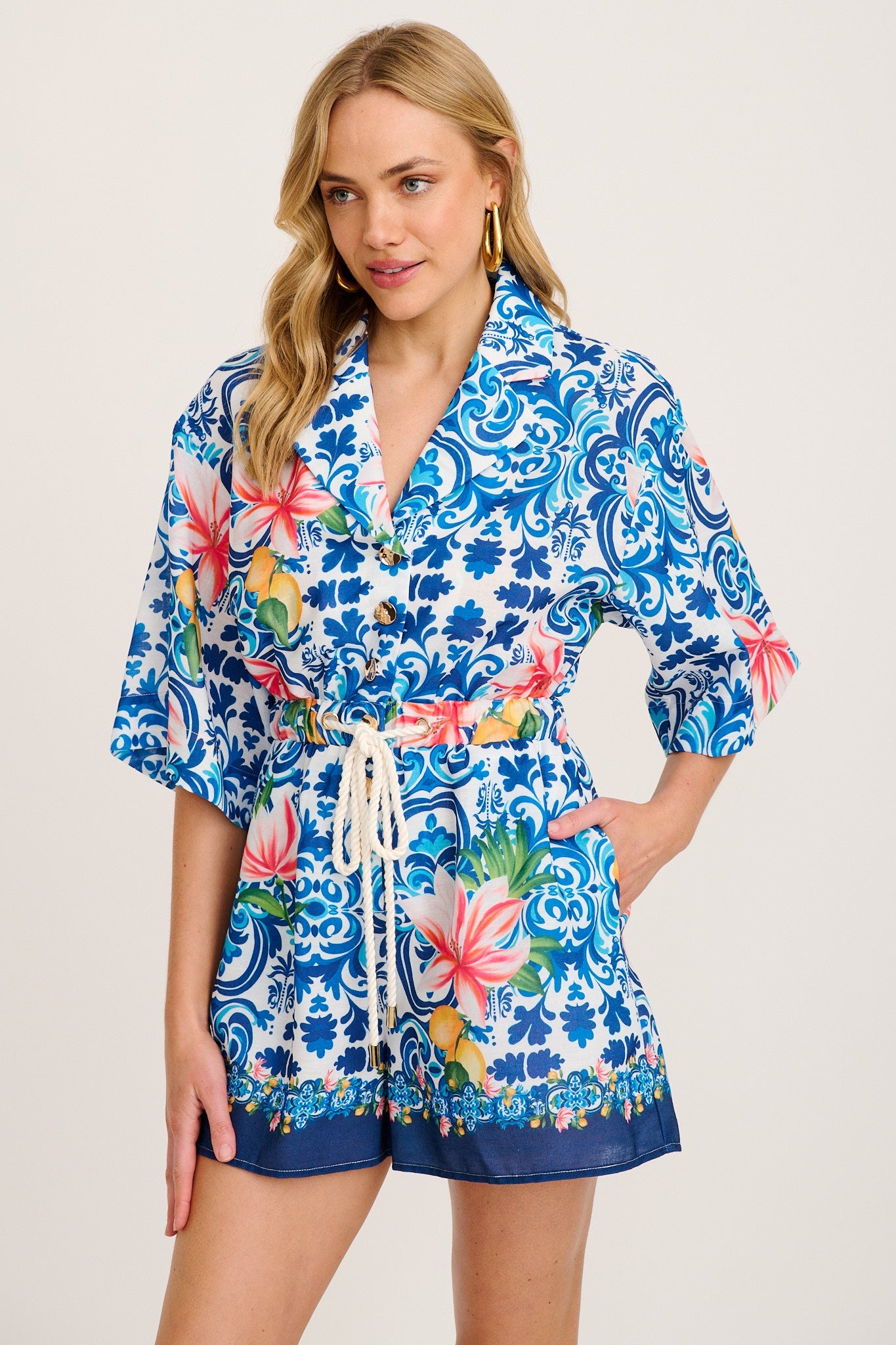 Maui Playsuit in Blue Multi Tiles Print Linen Blend