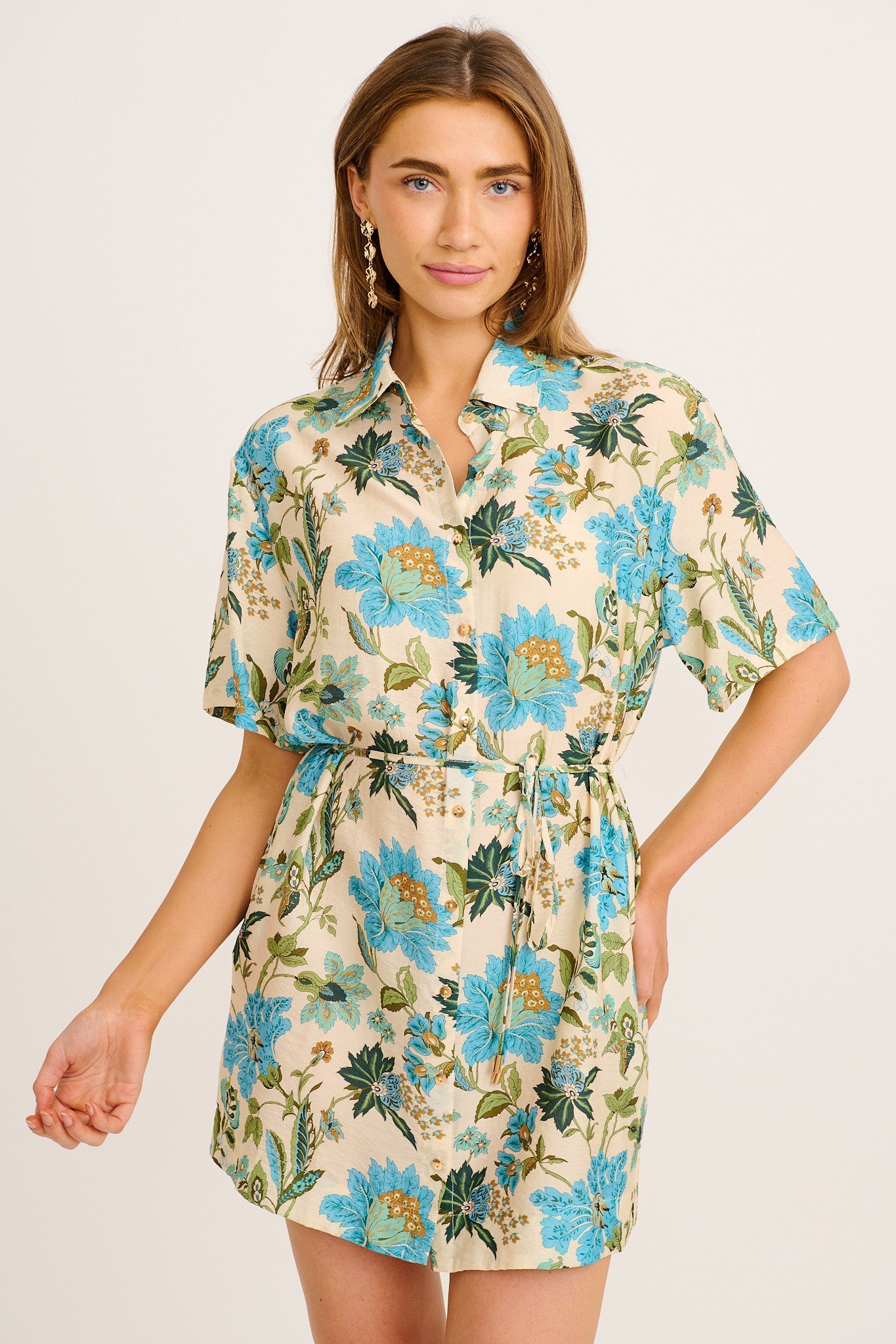 Floral Parade Shirt Dress in Cream with Blue Floral