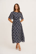 Styled for Success Midi Dress in Navy Geometric Print Linen Blend