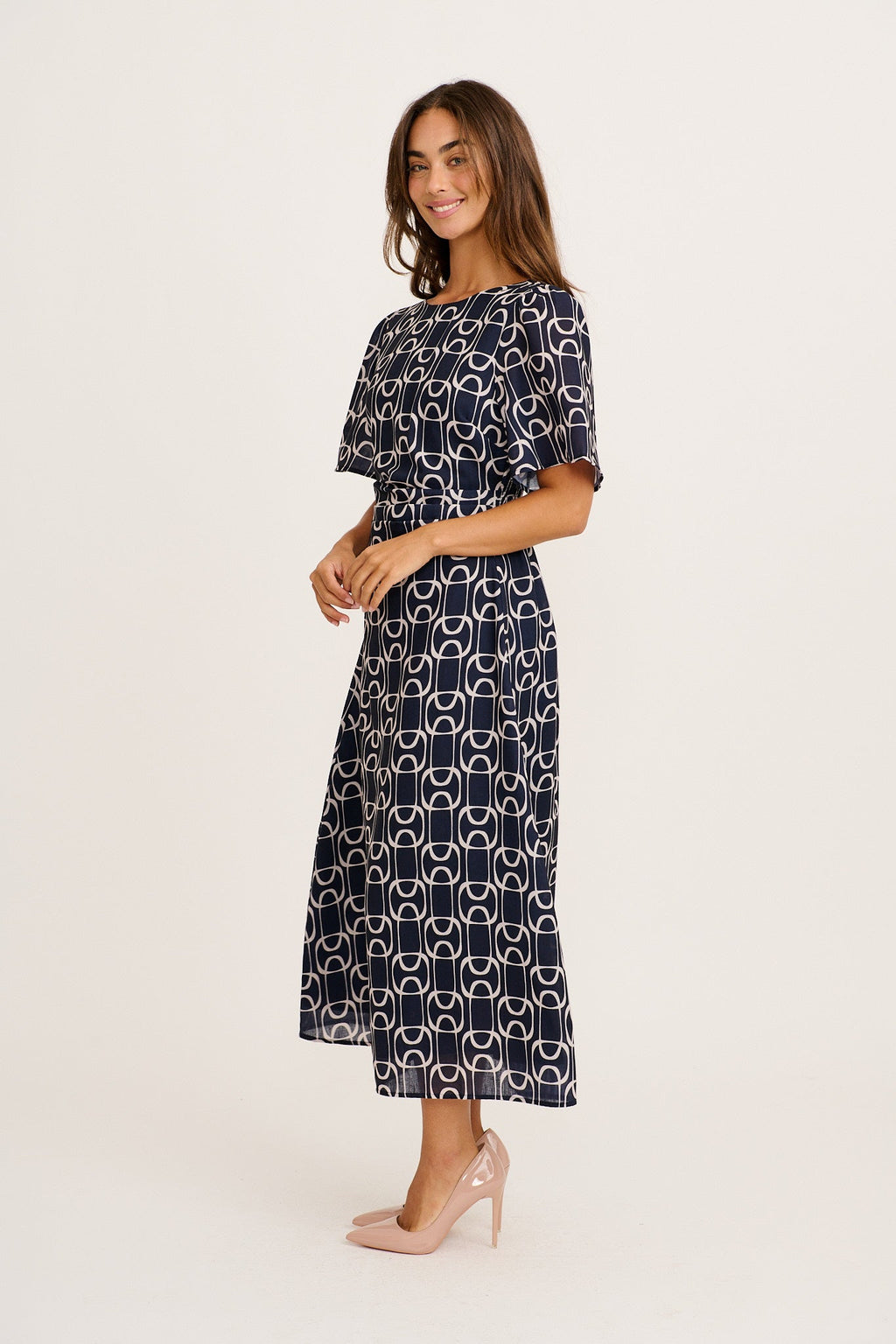Styled for Success Midi Dress in Navy Geometric Print Linen Blend