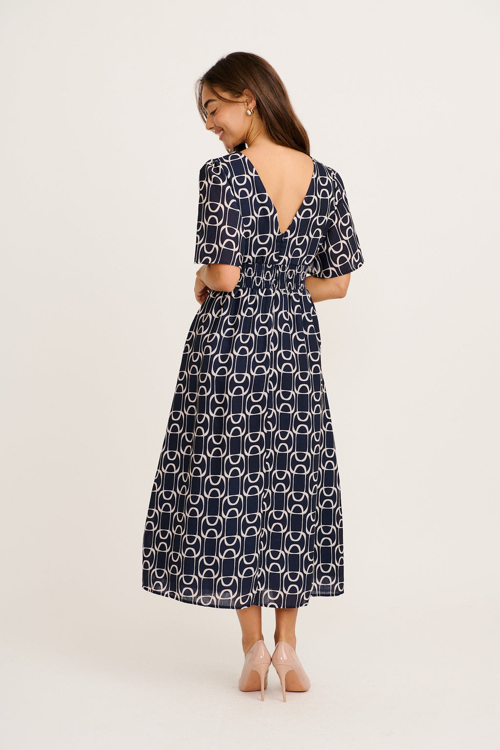 Styled for Success Midi Dress in Navy Geometric Print Linen Blend