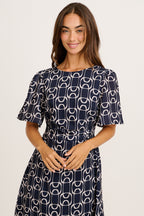 Styled for Success Midi Dress in Navy Geometric Print Linen Blend