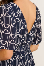 Styled for Success Midi Dress in Navy Geometric Print Linen Blend