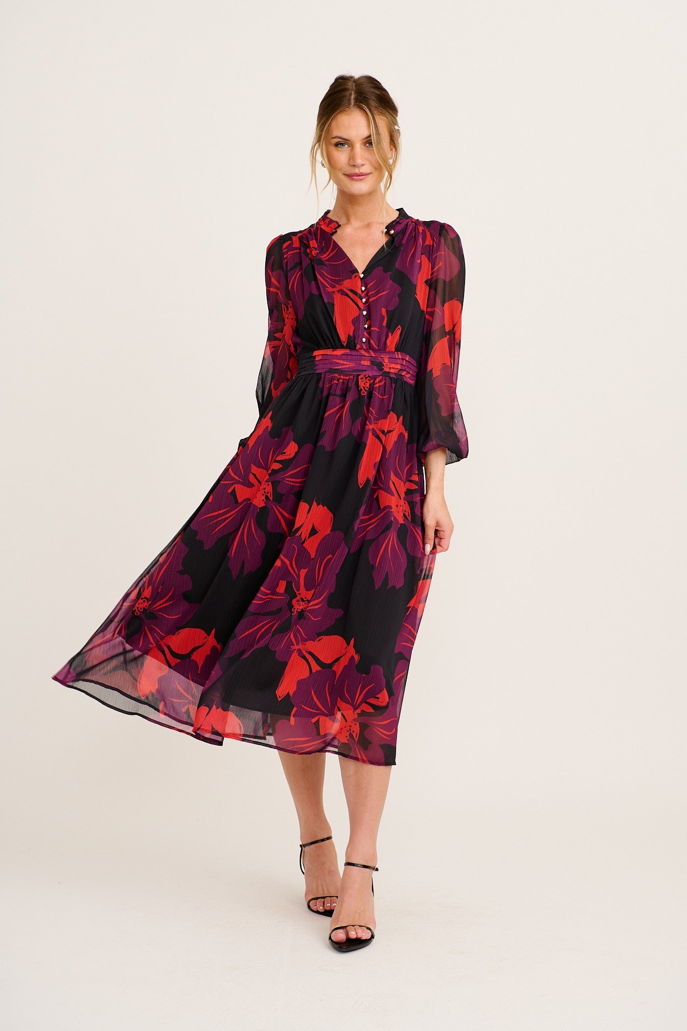 Lustre Midi Dress In Black with Multi Red Floral Chiffon