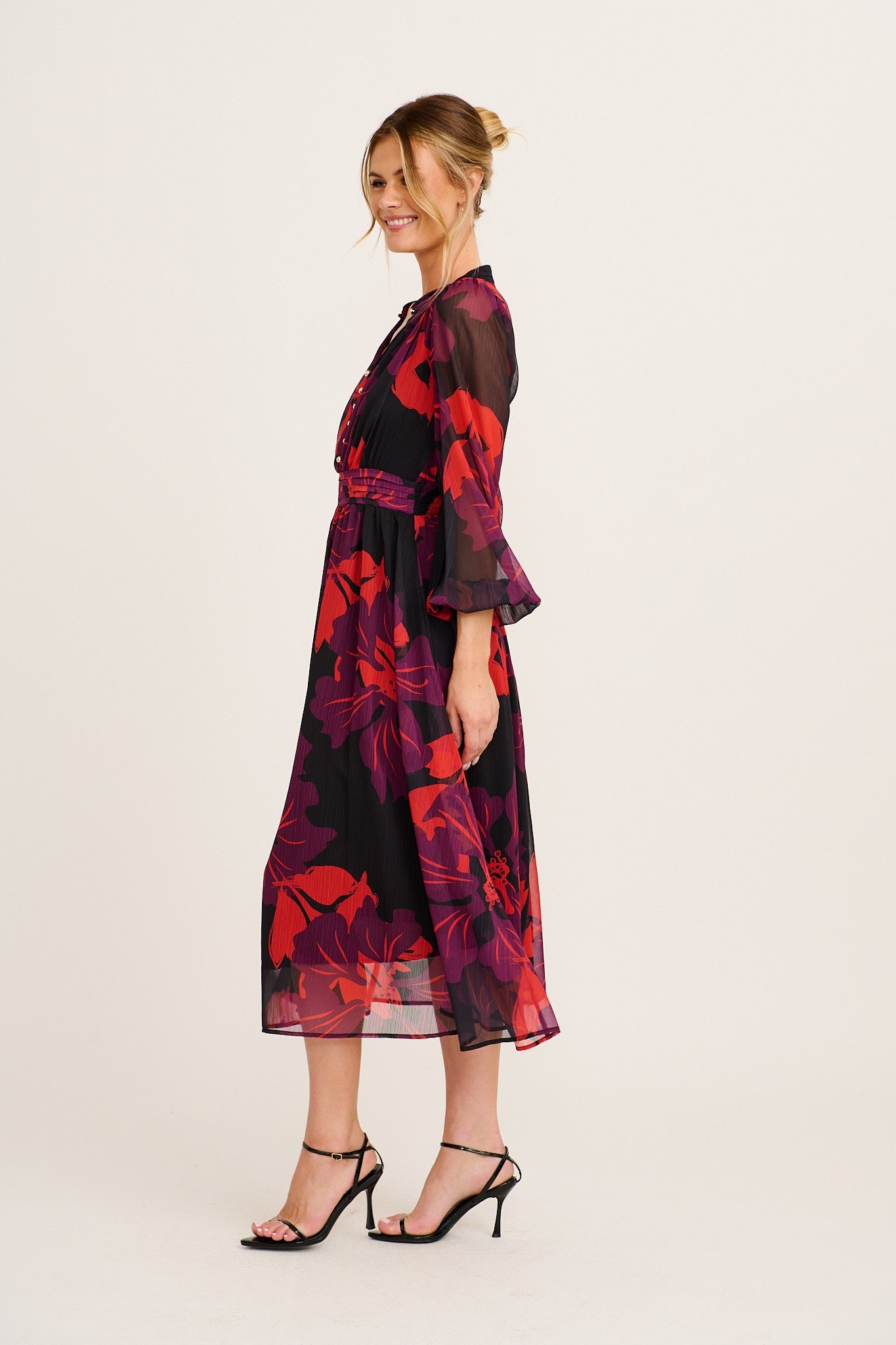 Lustre Midi Dress In Black with Multi Red Floral Chiffon