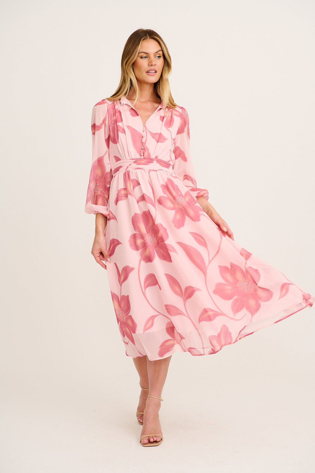 Lustre Midi Dress In Pink Floral Chiffon