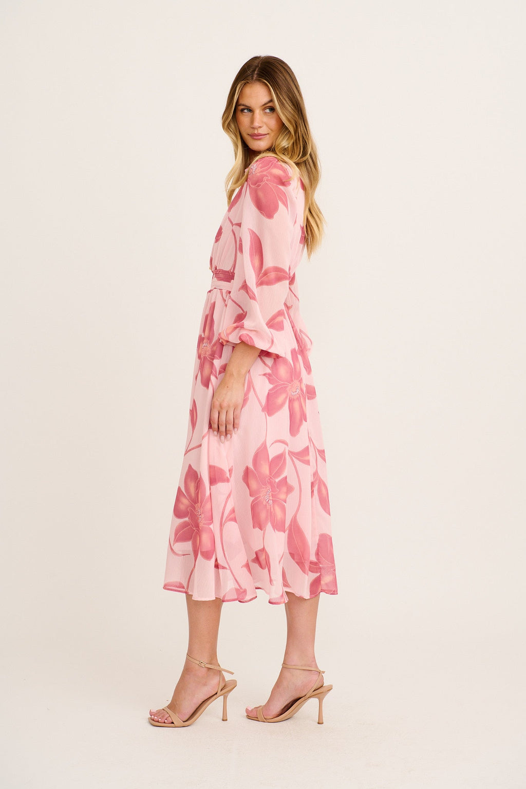 Lustre Midi Dress In Pink Floral Chiffon
