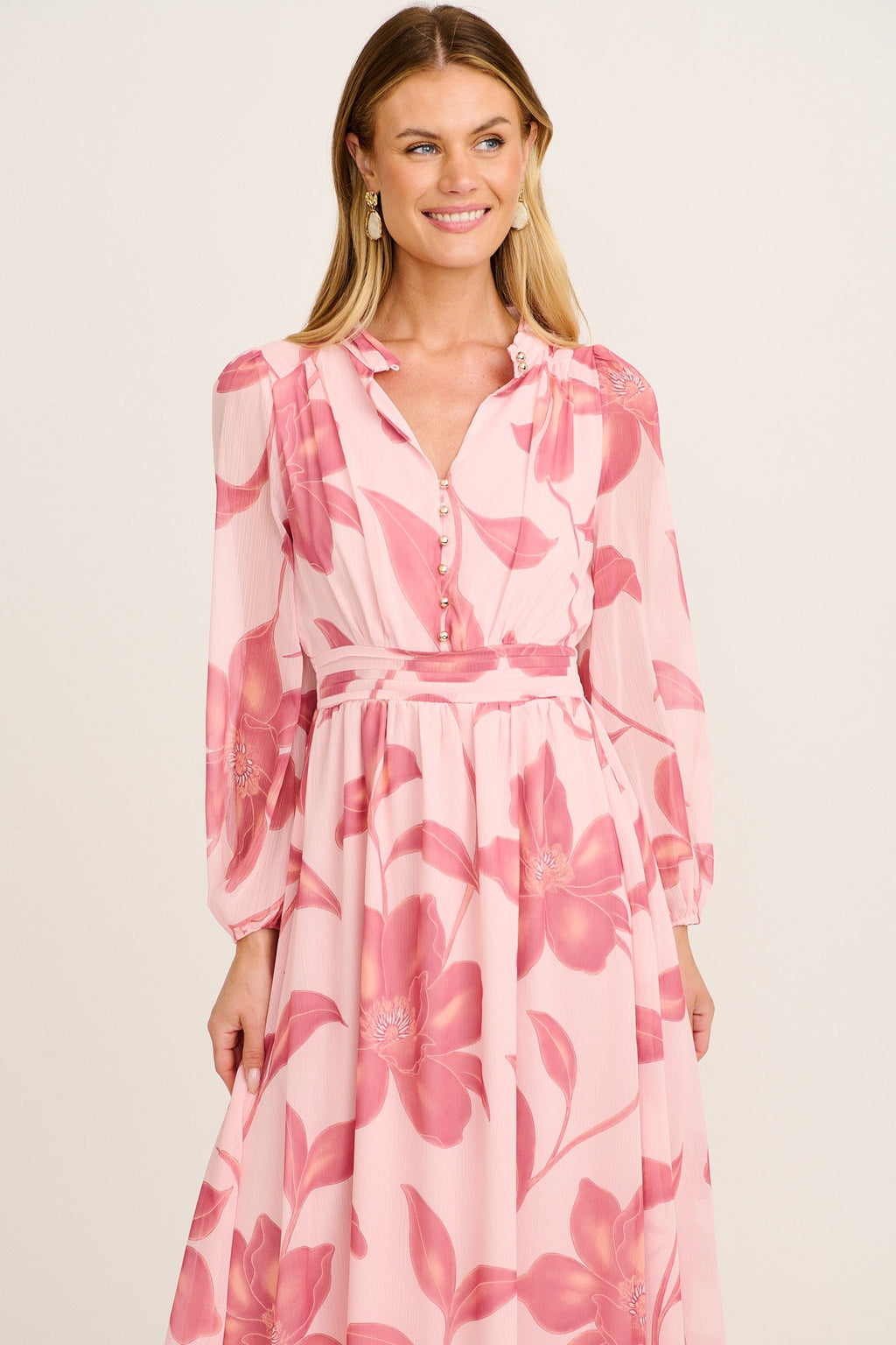 Lustre Midi Dress In Pink Floral Chiffon