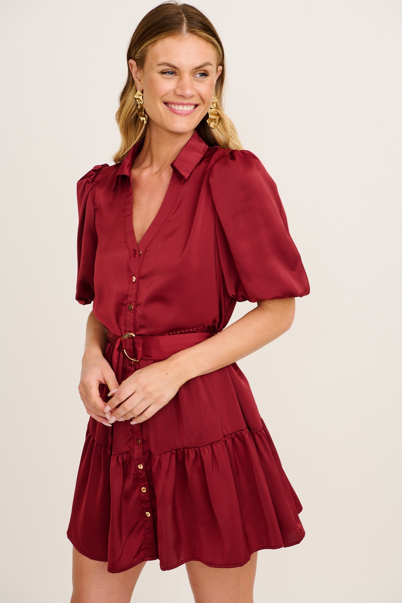 Evening Shine Shirt Dress in Wine Satin