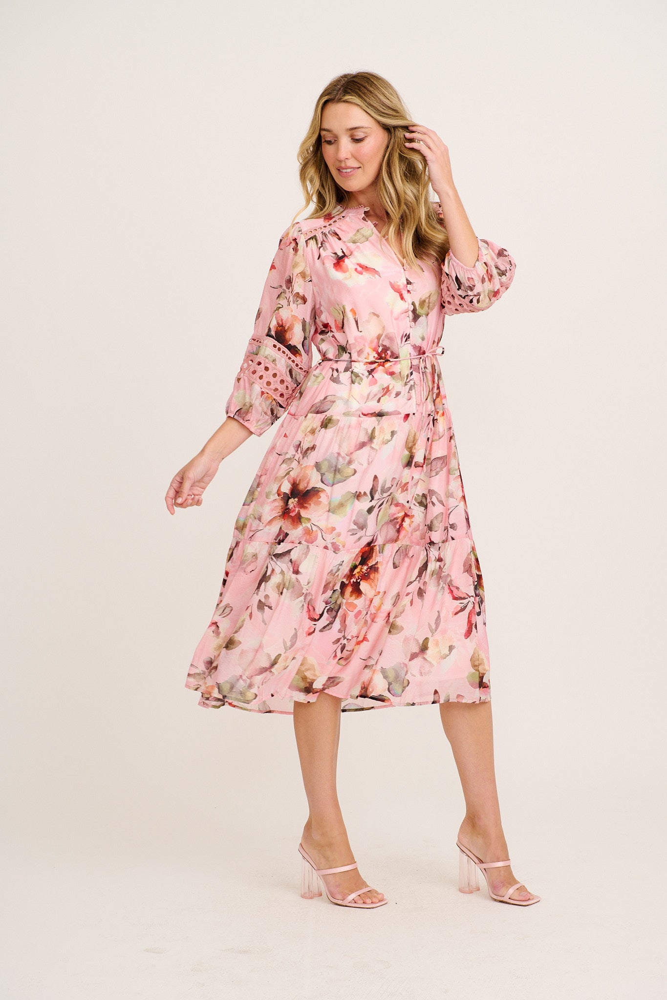 Milen Midi Dress in Pink with Multi Floral