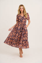 Posy Midi Dress in Navy with Rust Floral