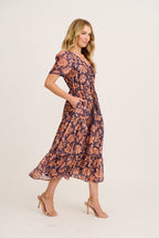 Posy Midi Dress in Navy with Rust Floral