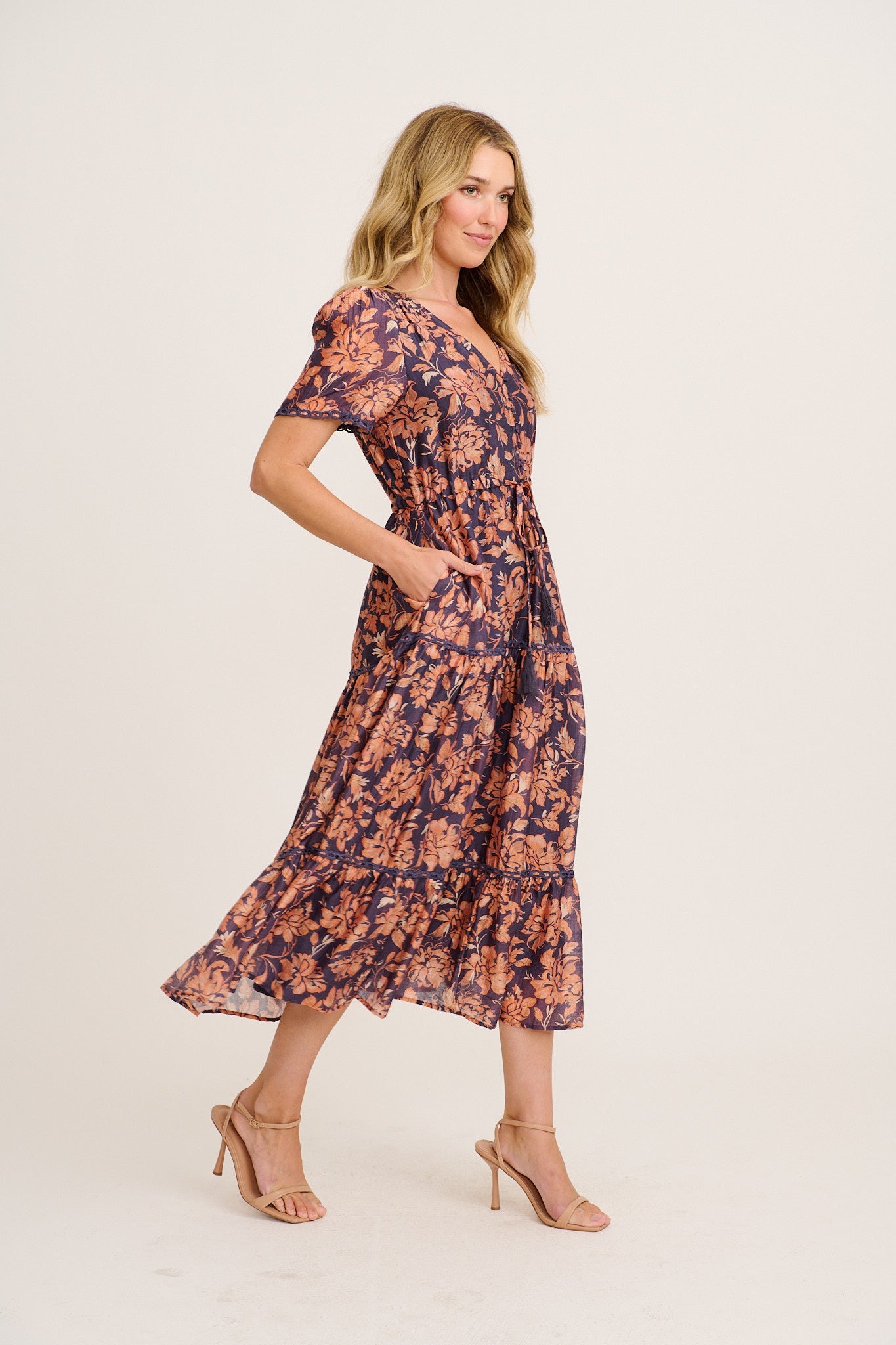 Posy Midi Dress in Navy with Rust Floral