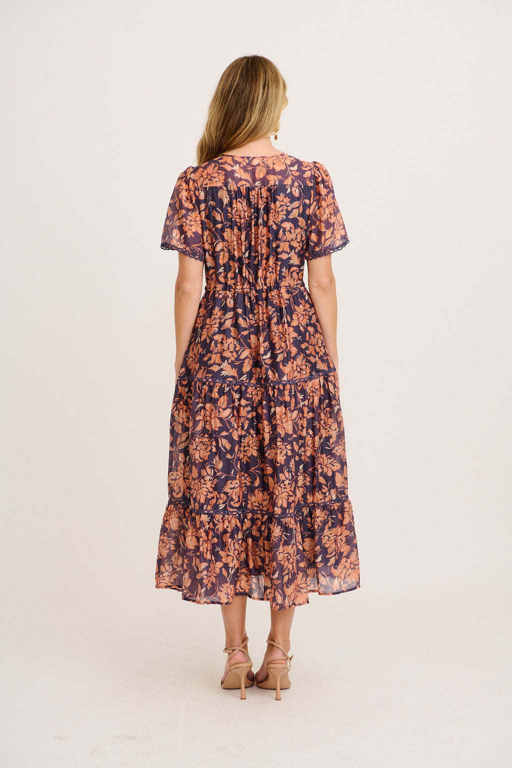 Posy Midi Dress in Navy with Rust Floral