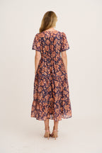Posy Midi Dress in Navy with Rust Floral
