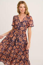 Posy Midi Dress in Navy with Rust Floral