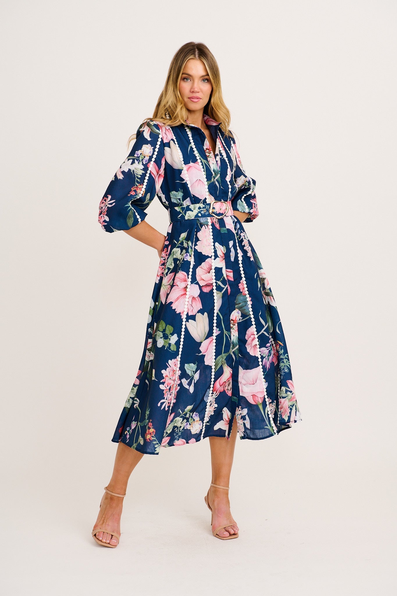 Art Of Bloom Midi Shirt Dress in Navy Floral Linen Blend