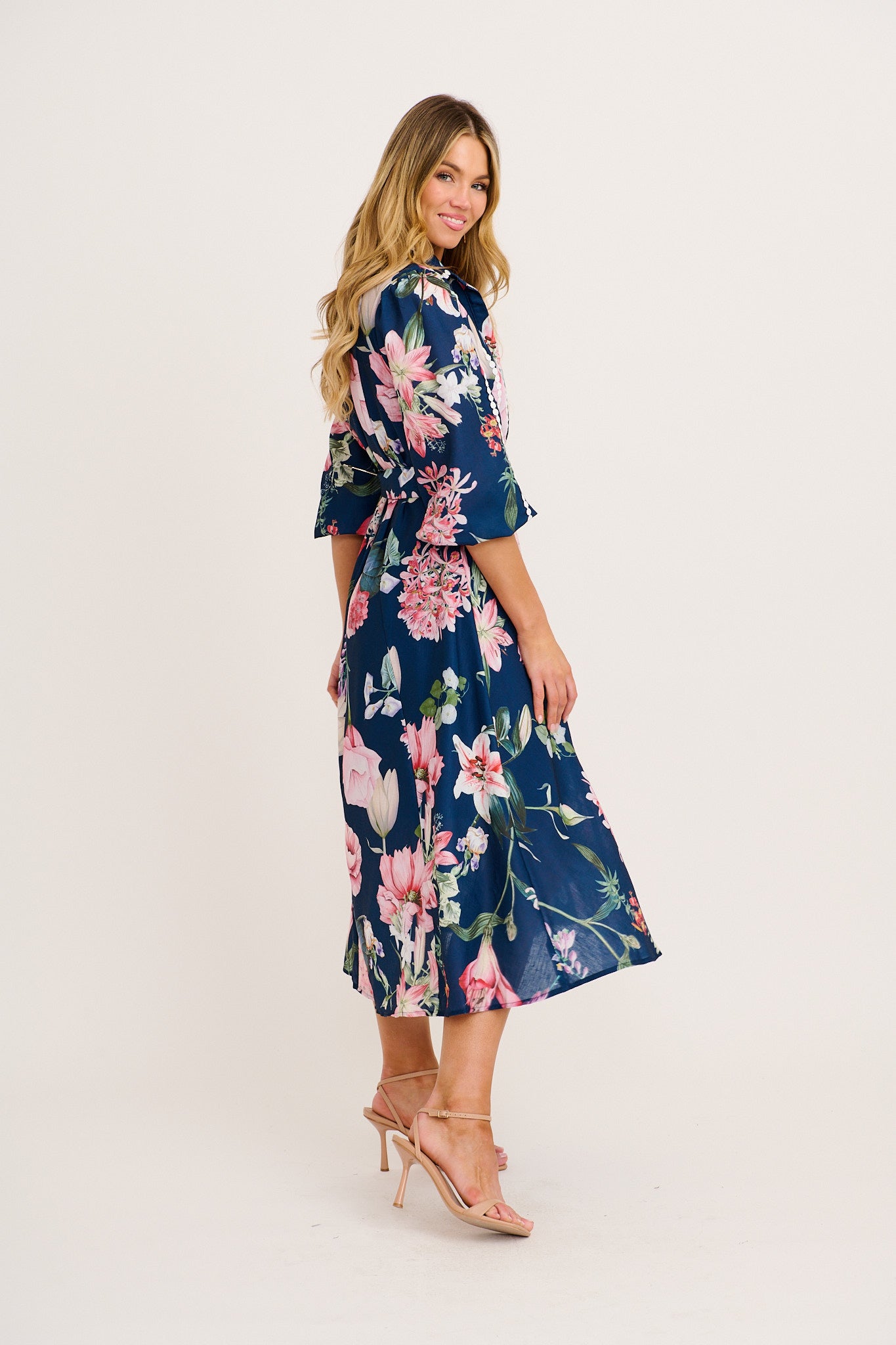 Art Of Bloom Midi Shirt Dress in Navy Floral Linen Blend