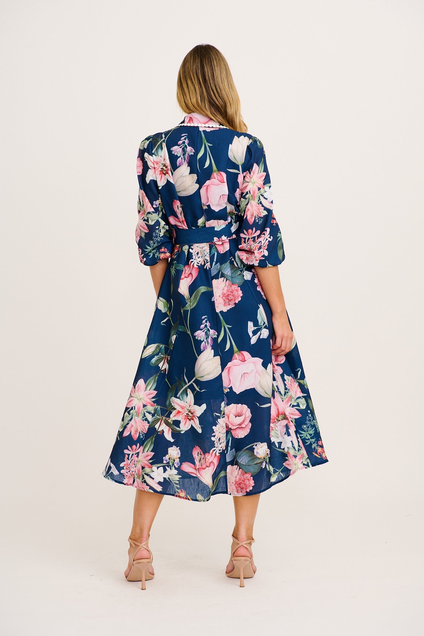 Art Of Bloom Midi Shirt Dress in Navy Floral Linen Blend