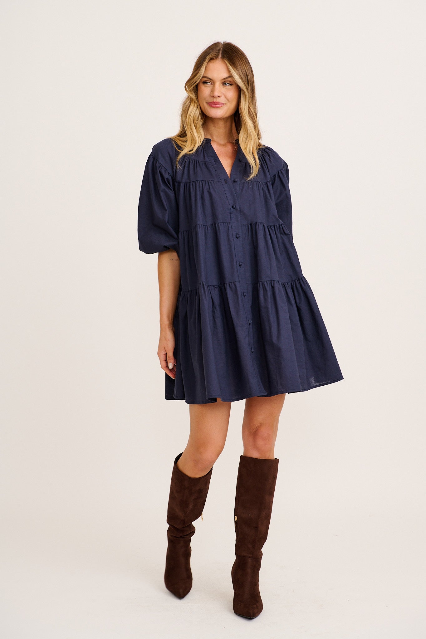 Floating Free Smock Dress in Navy Cotton Linen