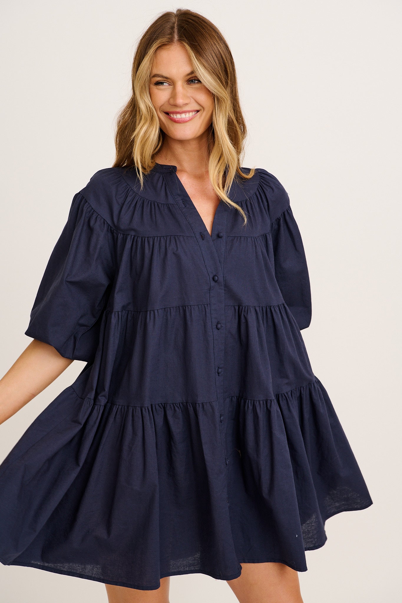 Floating Free Smock Dress in Navy Cotton Linen