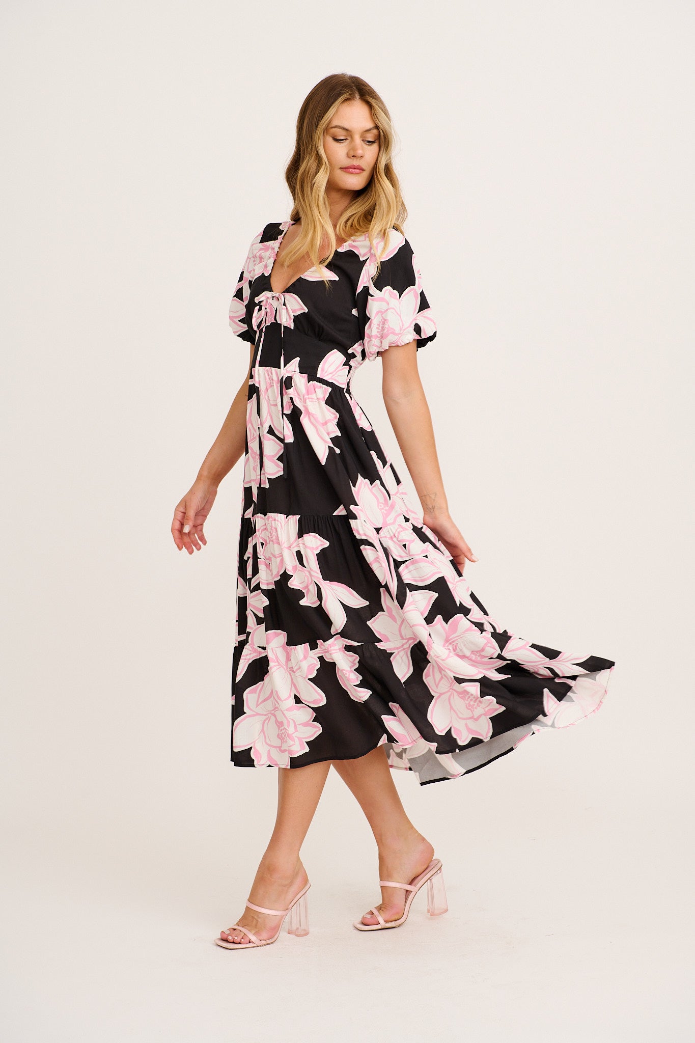 Dare to Dream Maxi Dress in Black with Pink Floral