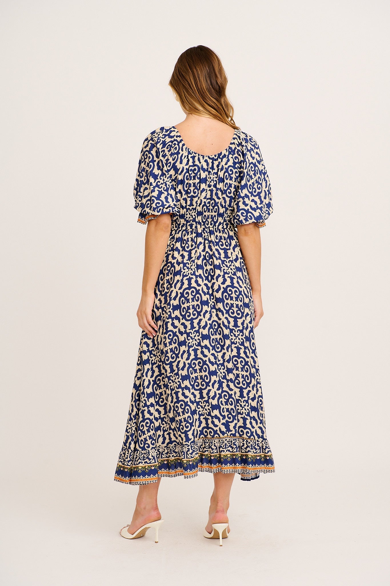 Nona Midi Dress in Navy and Cream Print