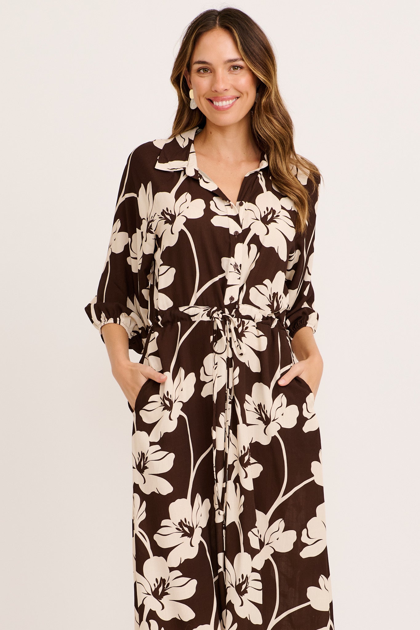 Neroli Midi Shirt Dress In Chocolate and Cream Floral
