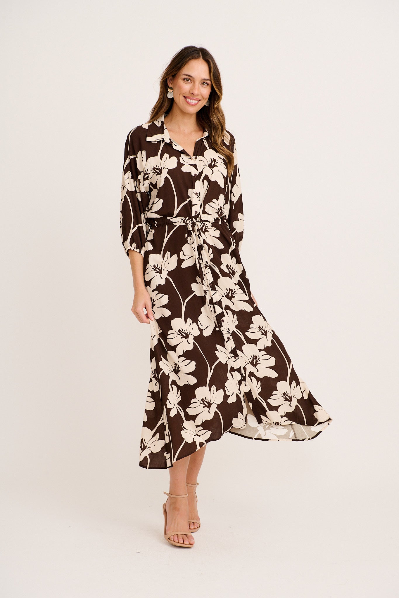 Neroli Midi Shirt Dress In Chocolate and Cream Floral