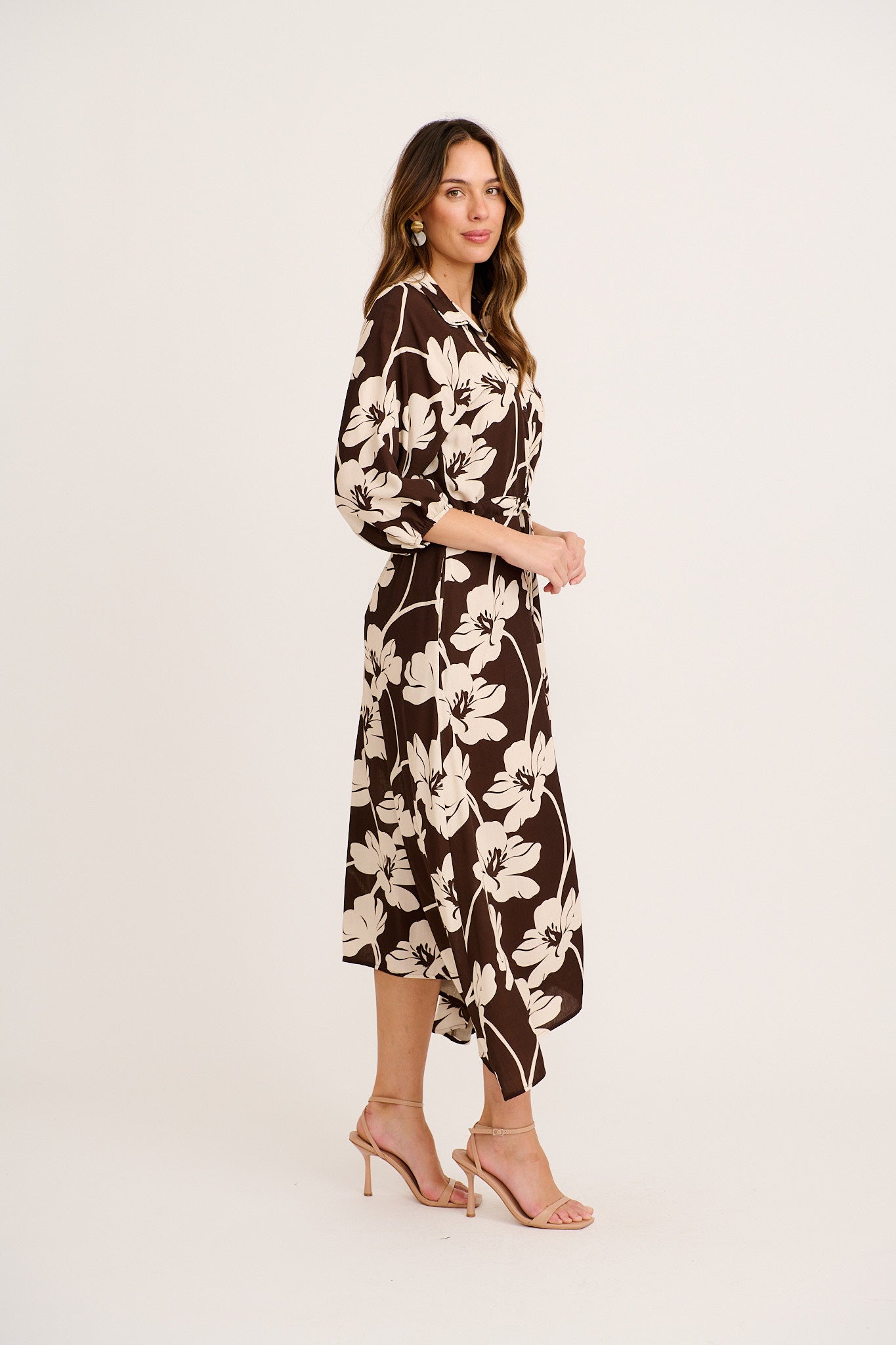 Neroli Midi Shirt Dress In Chocolate and Cream Floral