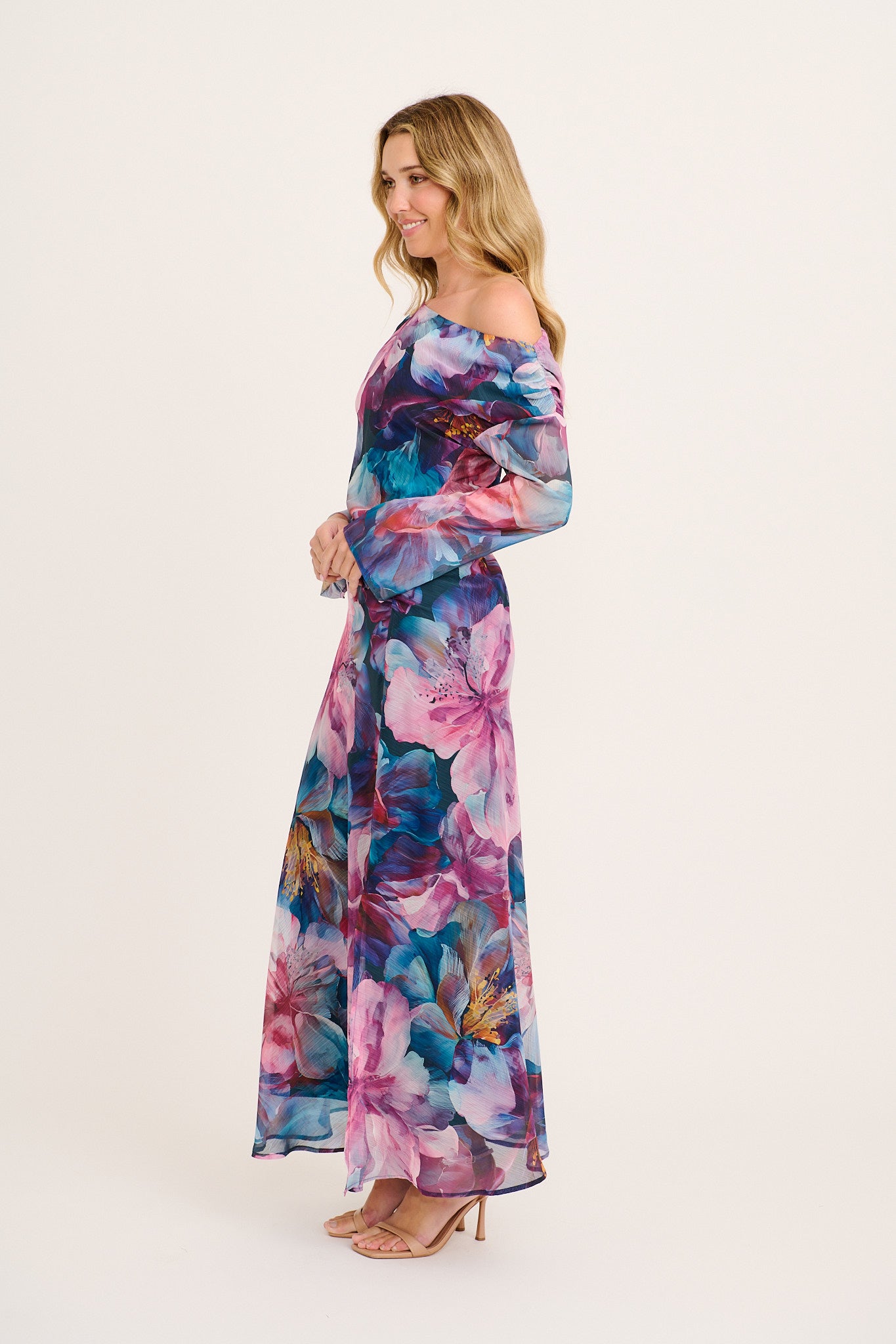 Dasha Maxi Off Shoulder Dress in Multi Pink Floral Chiffon
