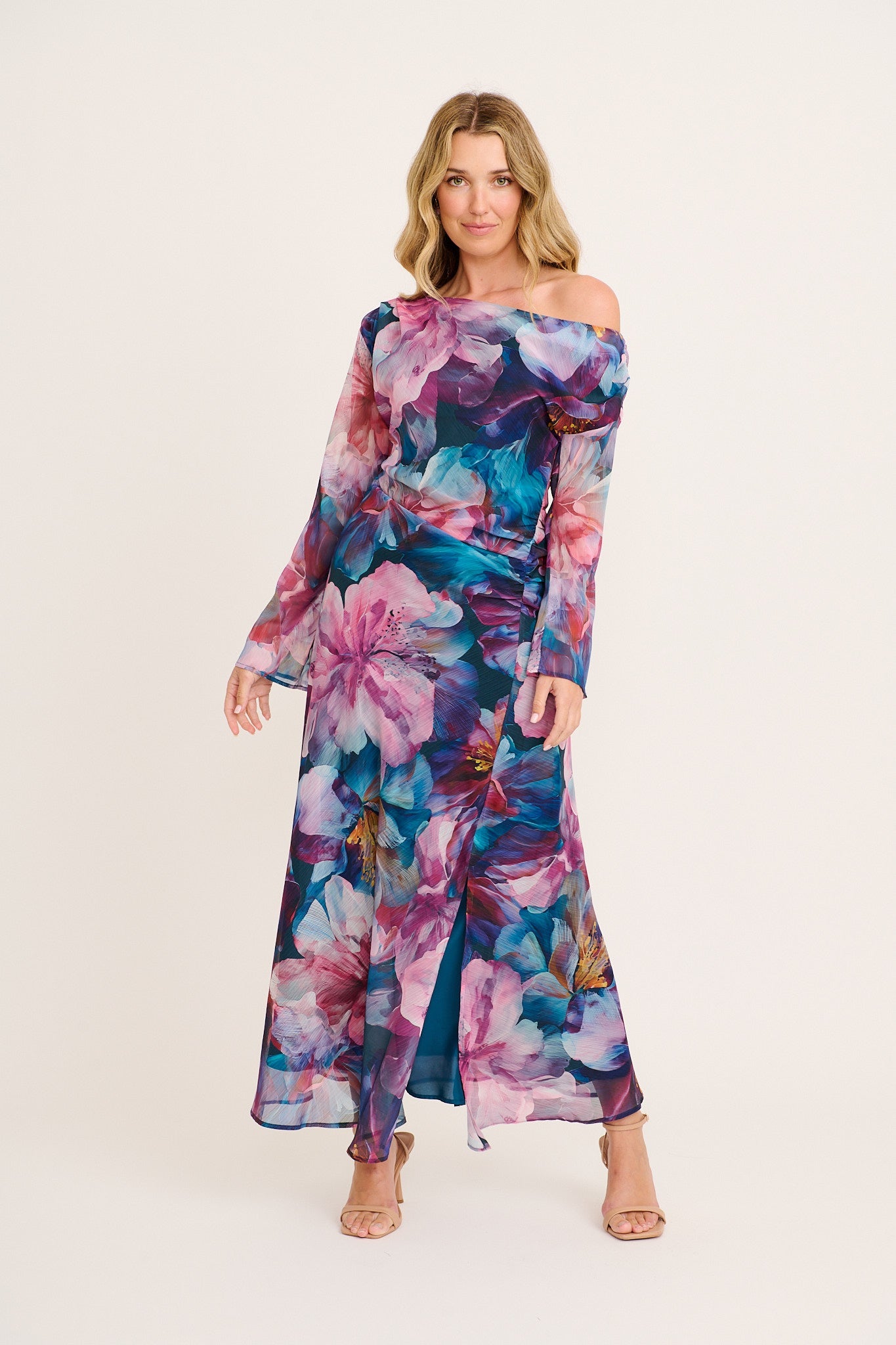 Dasha Maxi Off Shoulder Dress in Multi Pink Floral Chiffon