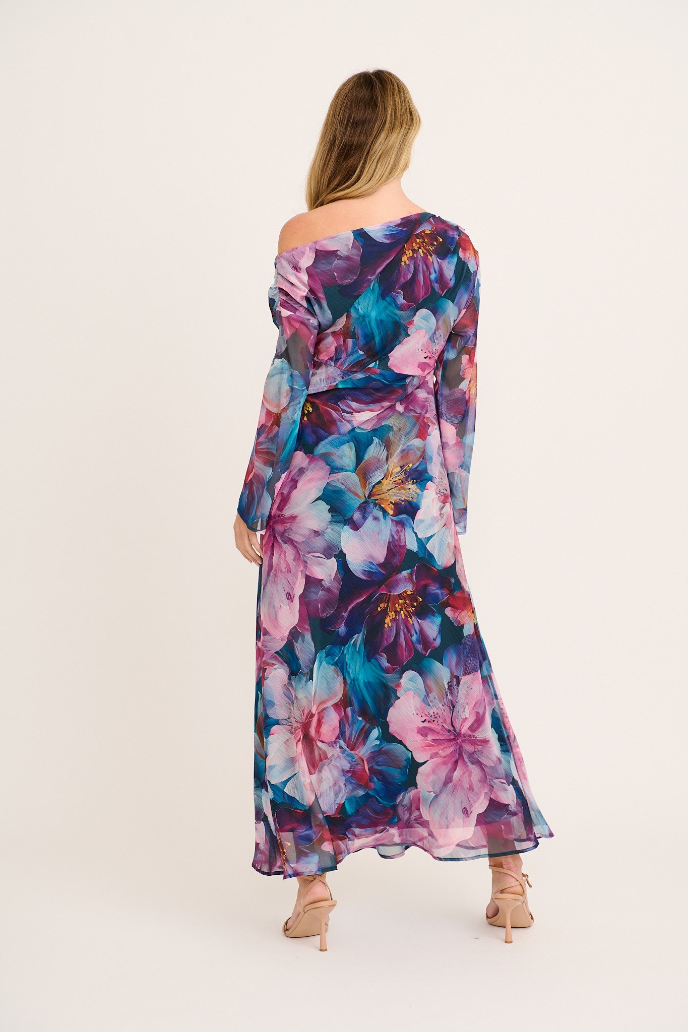 Dasha Maxi Off Shoulder Dress in Multi Pink Floral Chiffon