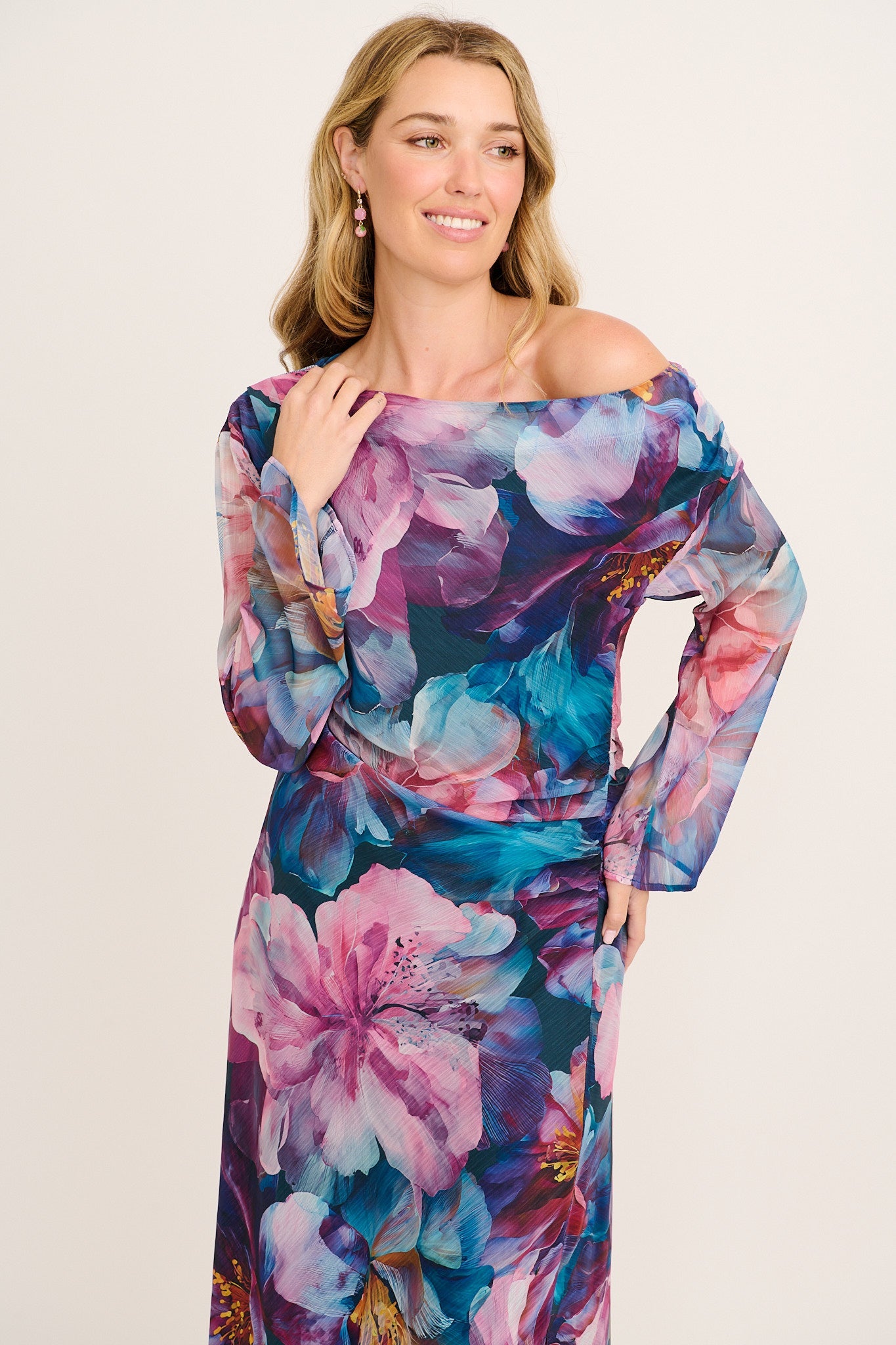 Dasha Maxi Off Shoulder Dress in Multi Pink Floral Chiffon
