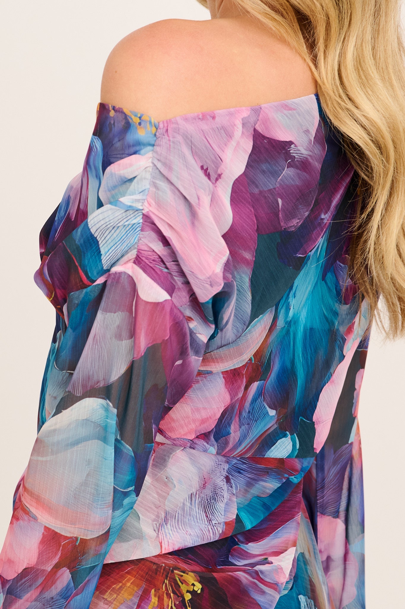 Dasha Maxi Off Shoulder Dress in Multi Pink Floral Chiffon