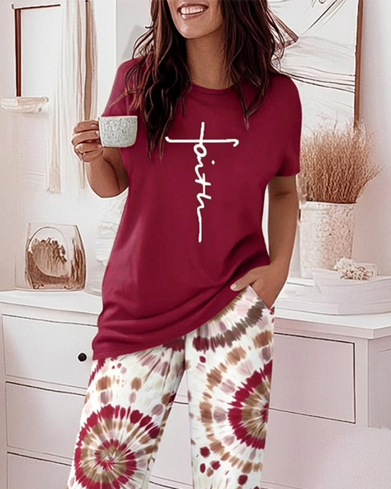 2 Pieces Outfit Faith Letter Print Short Sleeve Top and Tie Dye Print Elastic Waist Pants Set Casual Pajamas Set