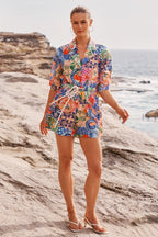 Fruit Crush Playsuit in Multi Fruit Patchwork Linen Blend