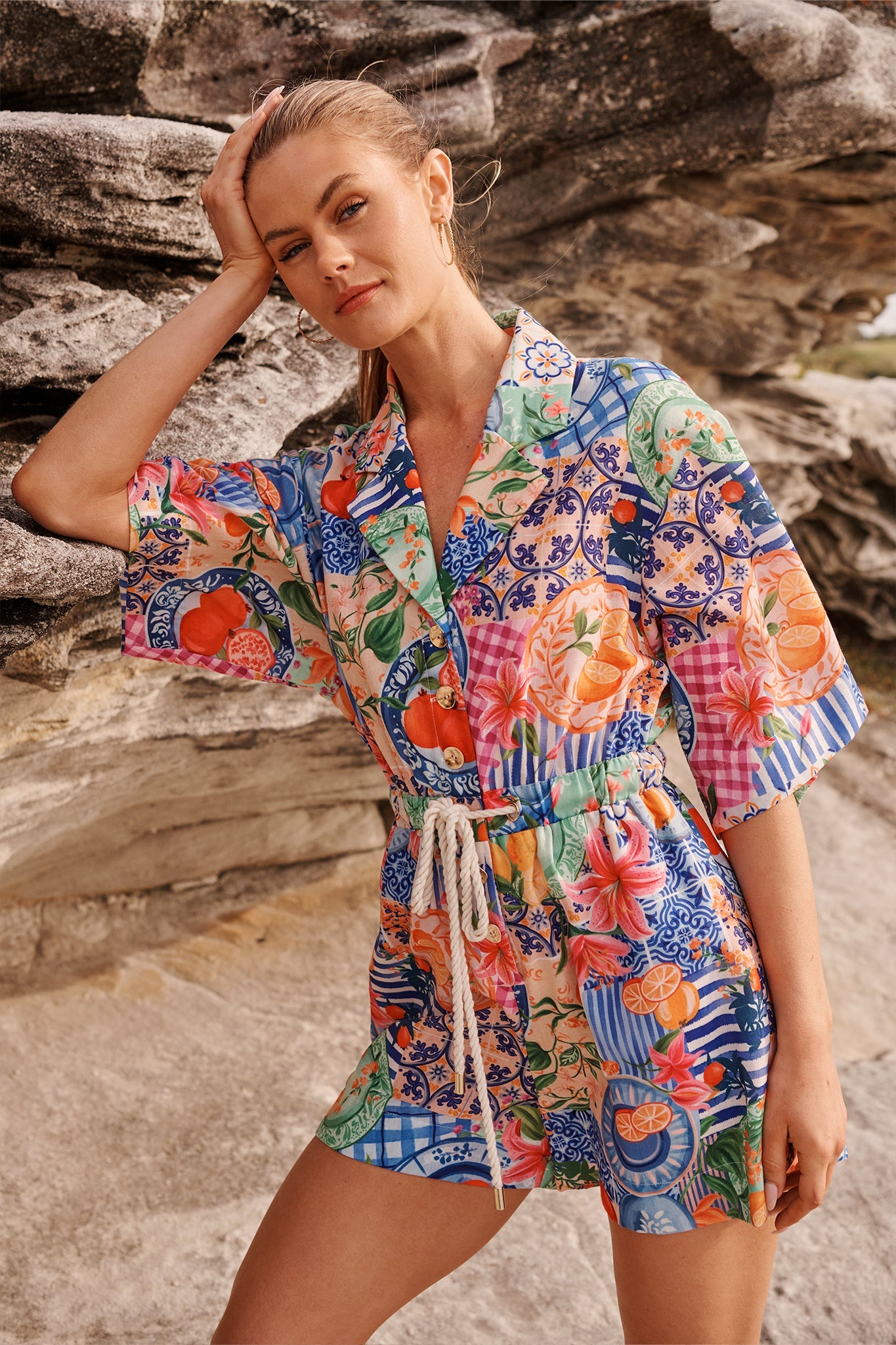 Fruit Crush Playsuit in Multi Fruit Patchwork Linen Blend