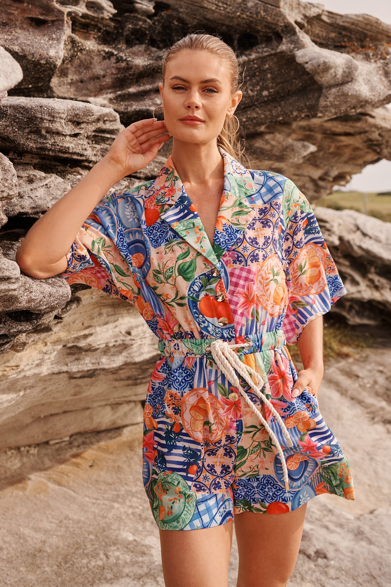 Fruit Crush Playsuit in Multi Fruit Patchwork Linen Blend