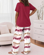 2 Pieces Outfit Letter Print Round Neck Short Sleeve Top And Tie Dye Print Elastic Waist Loose Fit Pants Set Casual Pajamas Set