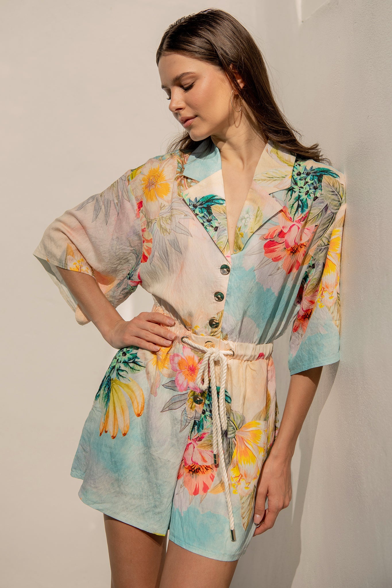 Island Dreamscape Playsuit in Multi Tropical Floral Print