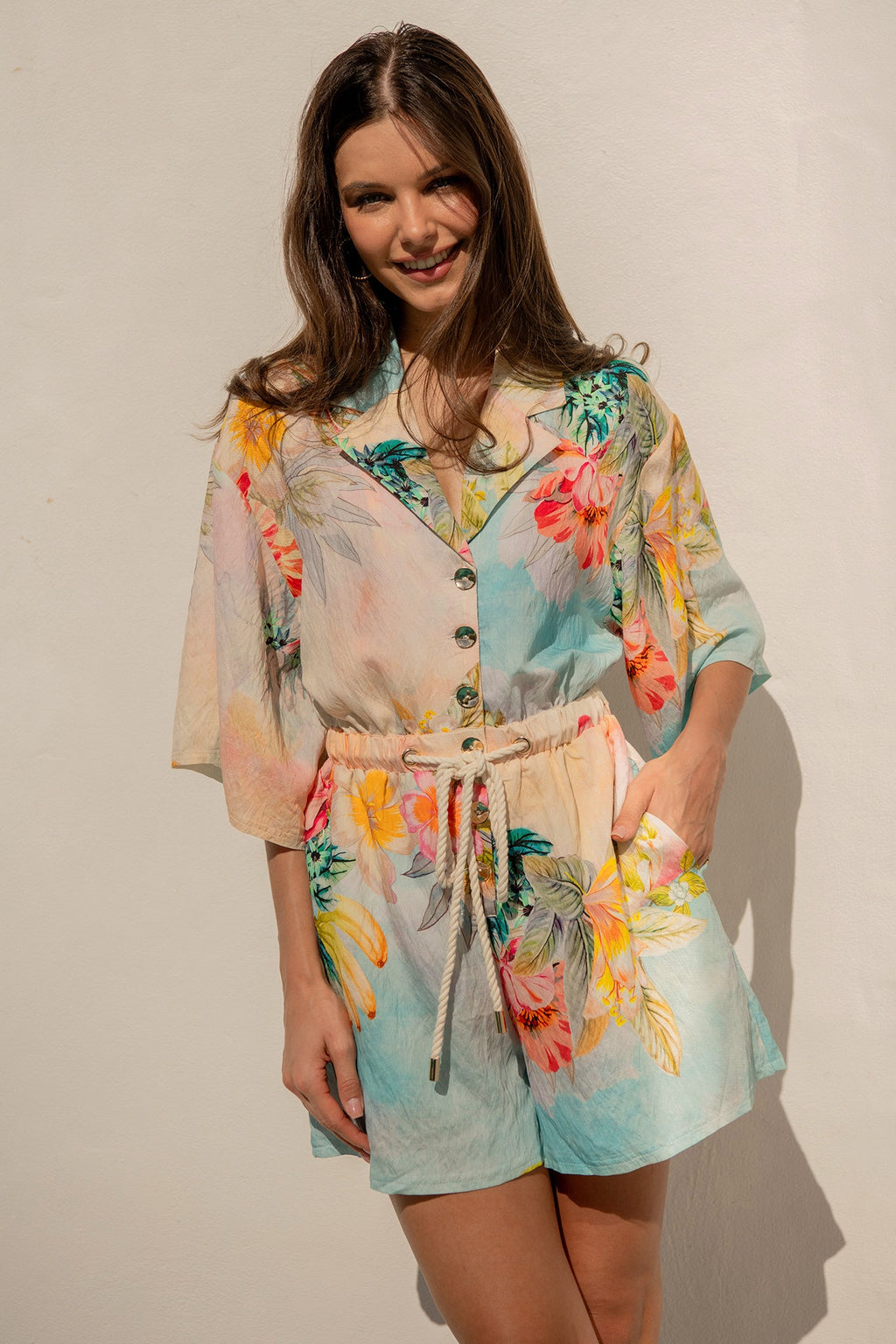 Island Dreamscape Playsuit in Multi Tropical Floral Print