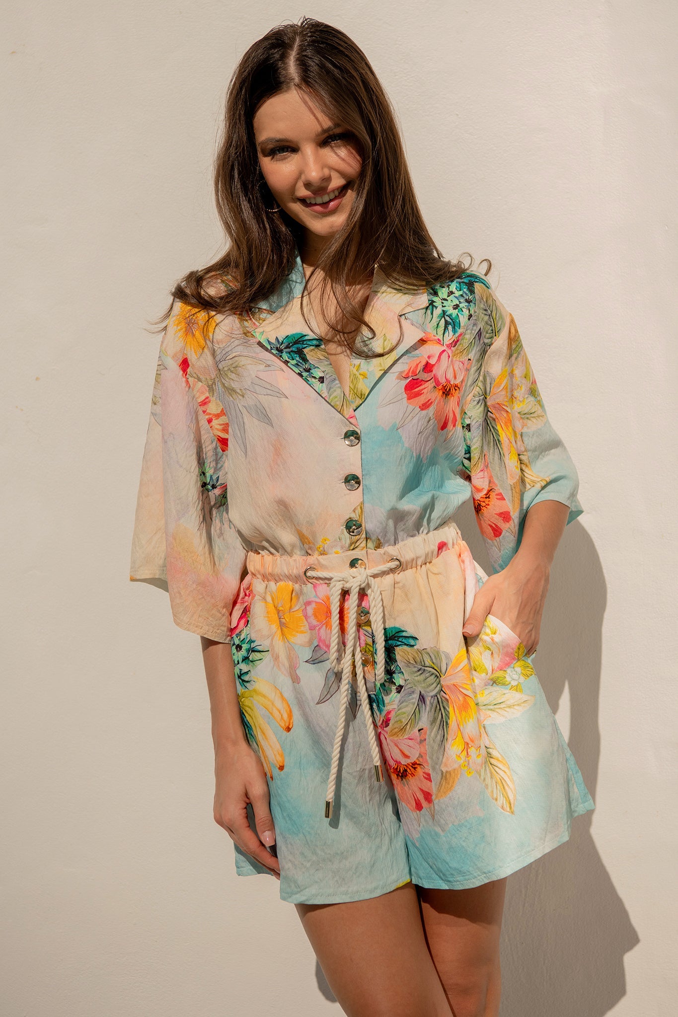 Island Dreamscape Playsuit in Multi Tropical Floral Print