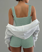 2 Pieces Outfit Square Neck Frill Straps Tied Detail Cami Top and Elastic Waist Shorts Set Slim Fit Hollow-out Jacquard Textured Knit Pajamas Set