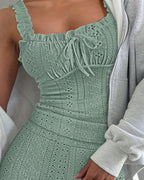 2 Pieces Outfit Square Neck Frill Straps Tied Detail Cami Top and Elastic Waist Shorts Set Slim Fit Hollow-out Jacquard Textured Knit Pajamas Set